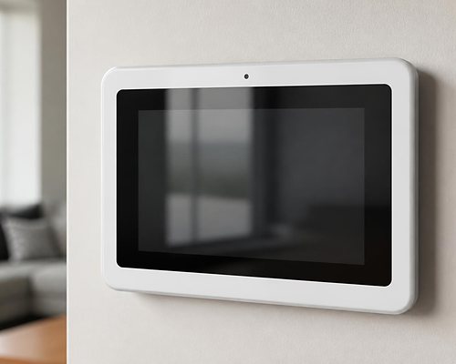 Wall-mounted touchscreen alarm control panel in a home