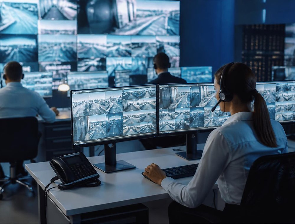 Security monitoring room with operators on shift at multi-screen workstations