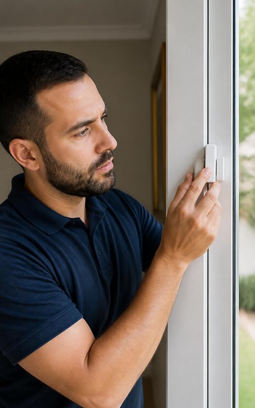 Technician in uniform fitting a window sensor during a professional install